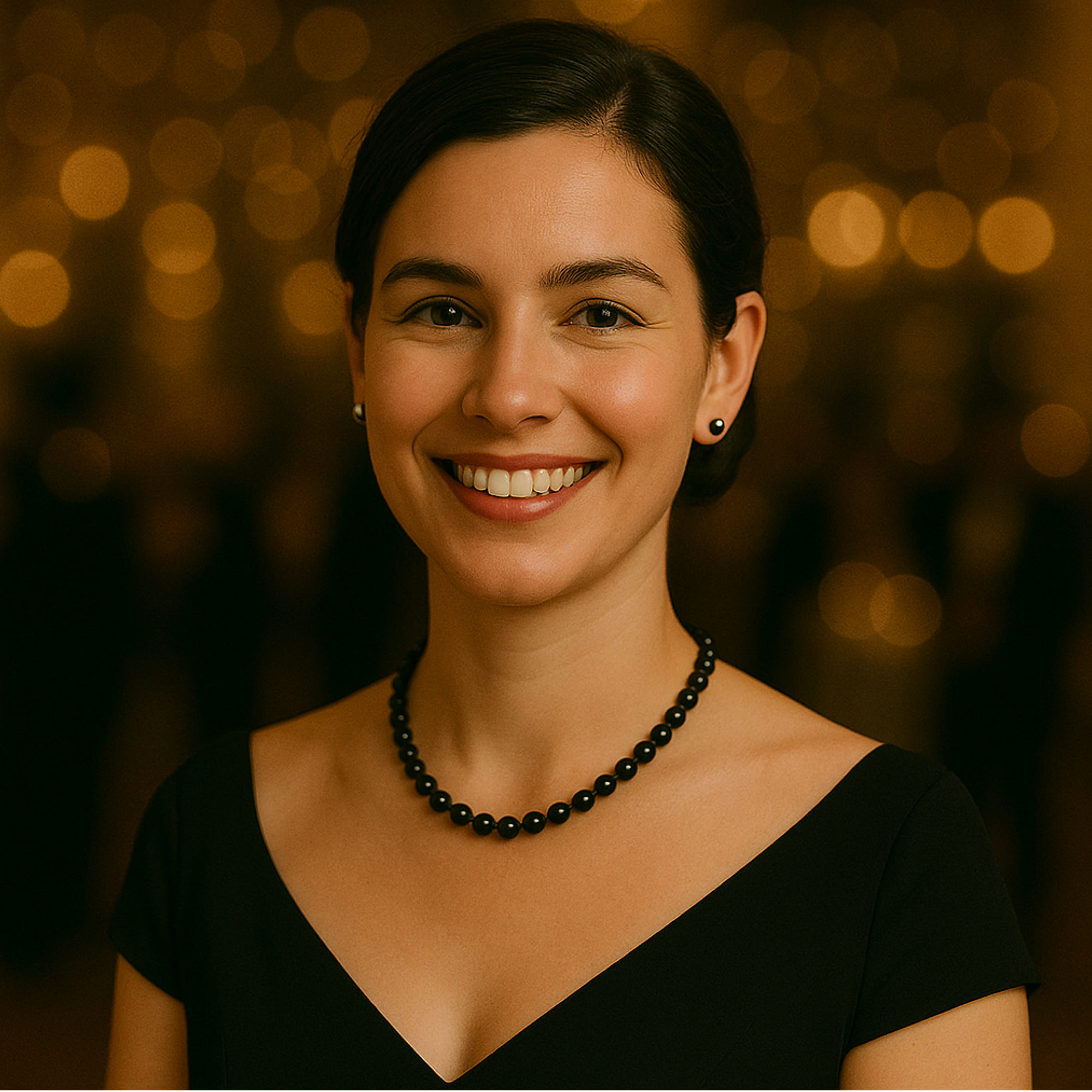 Colier cu Perle Negre 7–8 mm, la Baza Gâtului, Închizătoare Aur 14K, Rochie Neagră, Fundal de Gală